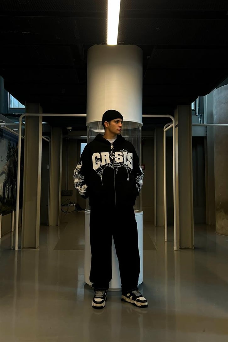 Crsis Spider Web Baskılı Zipper Siyah Oversize Hoodie