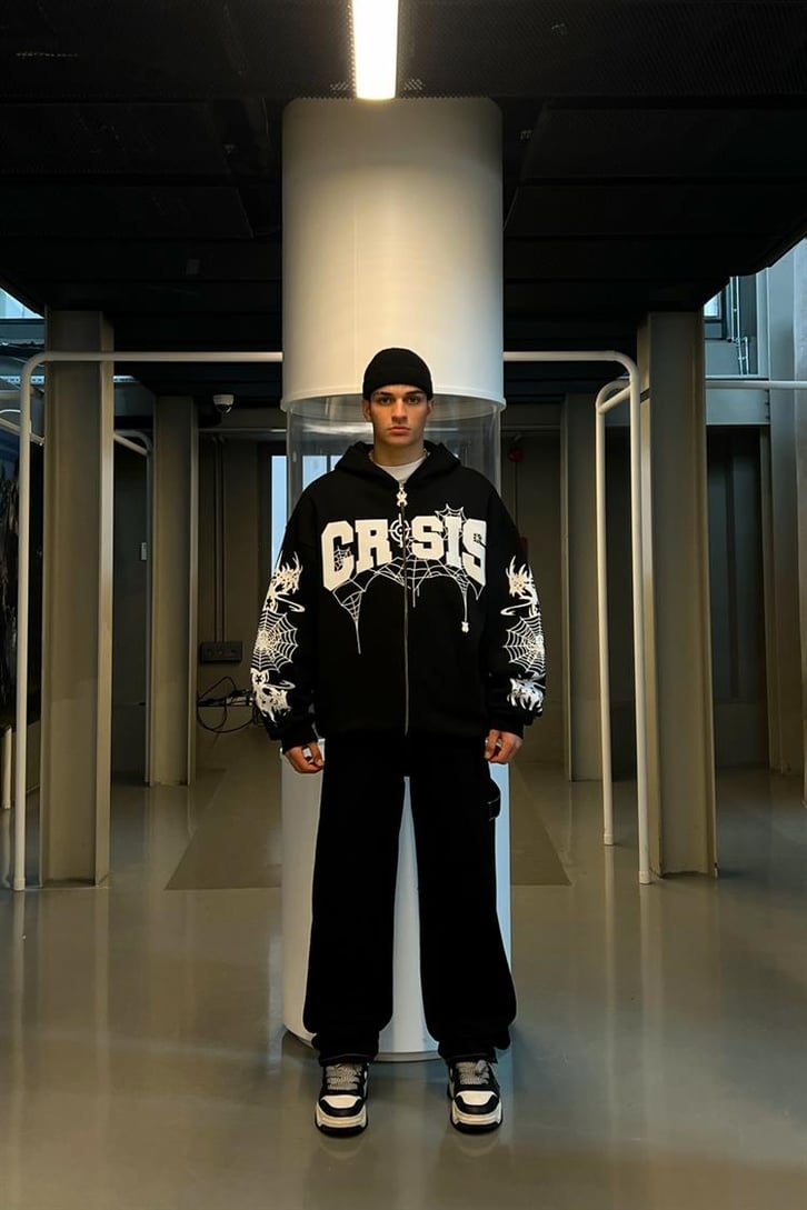 Crsis Spider Web Baskılı Zipper Siyah Oversize Hoodie