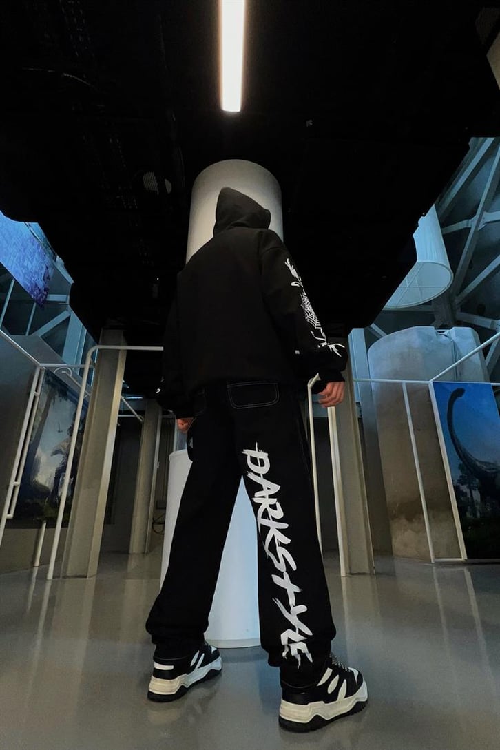 Crsis Spider Web Baskılı Zipper Siyah Oversize Hoodie