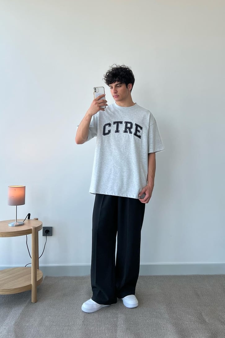 Ctre Nakışlı Gri Oversize Tişört