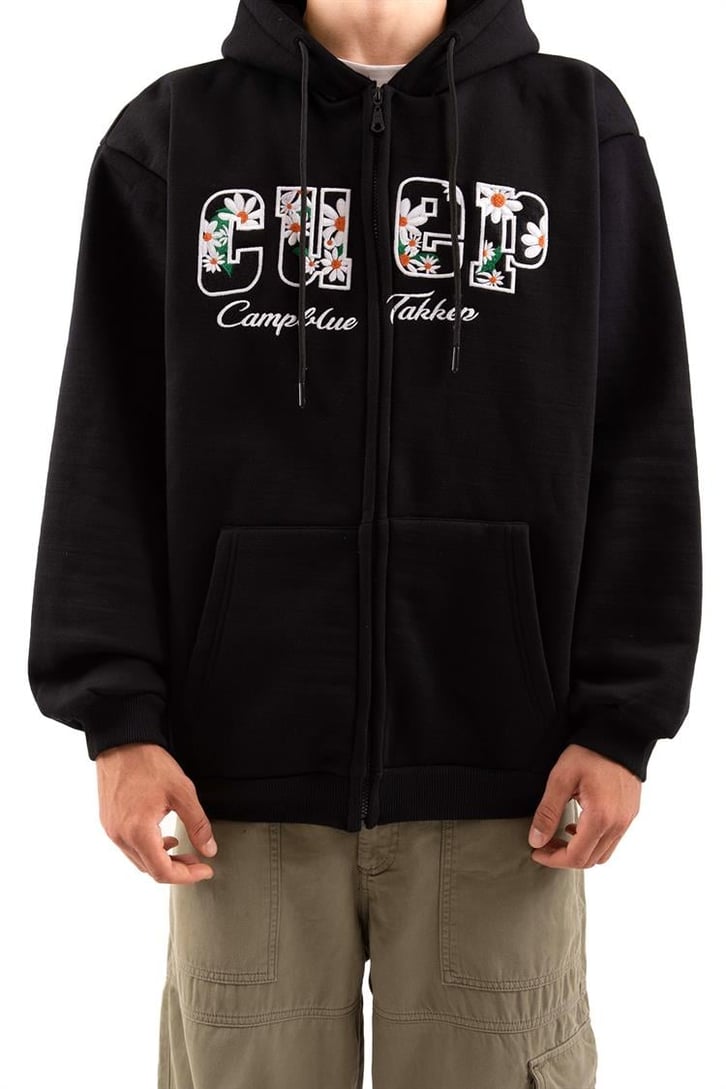 Cuep Nakışlı Siyah Zip Hoodie