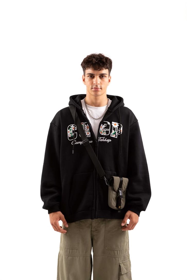 Cuep Nakışlı Siyah Zip Hoodie