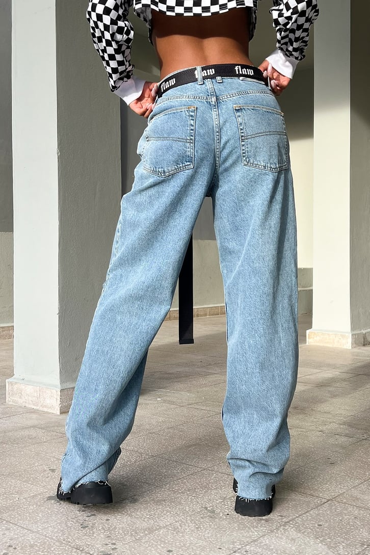 Cut Leg Ripped Buz Mavi Baggy Jean