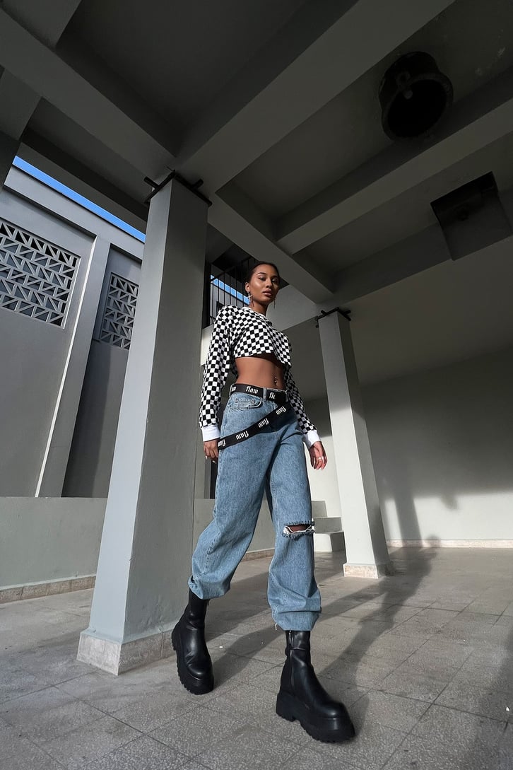 Cut Leg Ripped Buz Mavi Baggy Jean