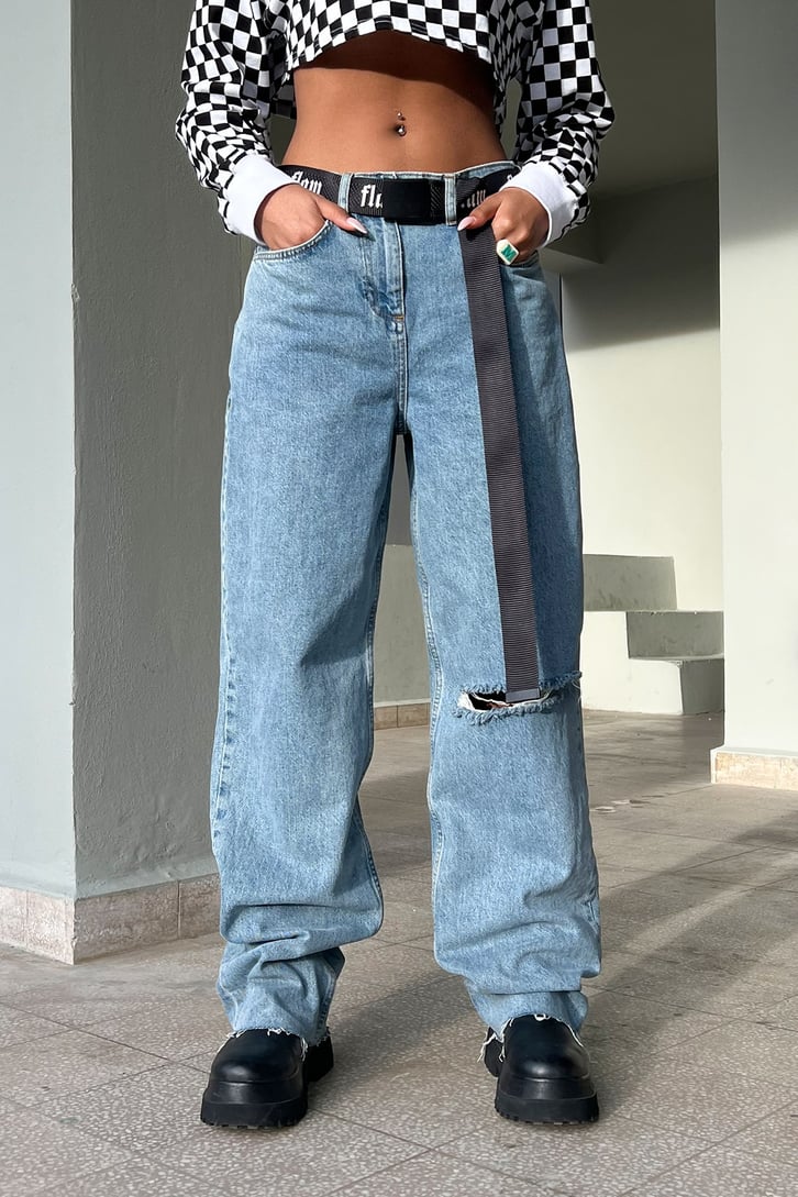 Cut Leg Ripped Buz Mavi Baggy Jean
