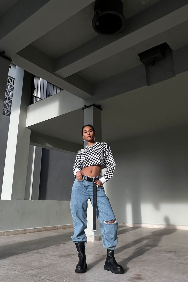 Cut Leg Ripped Buz Mavi Baggy Jean