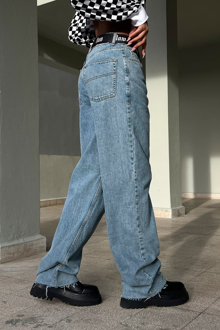 Cut Leg Ripped Buz Mavi Baggy Jean