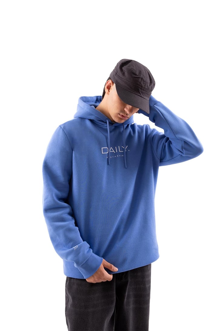 Daily Baskılı Koyu Mavi Oversize Hoodie