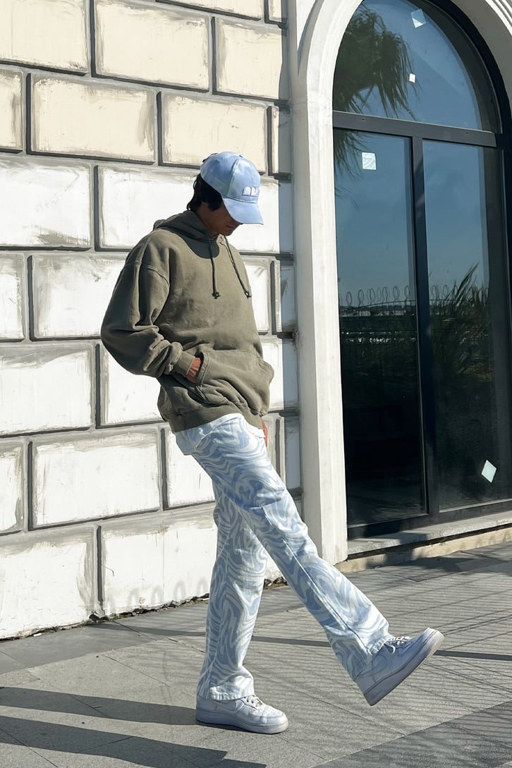 Dalga Desenli Mavi Baggy Jean