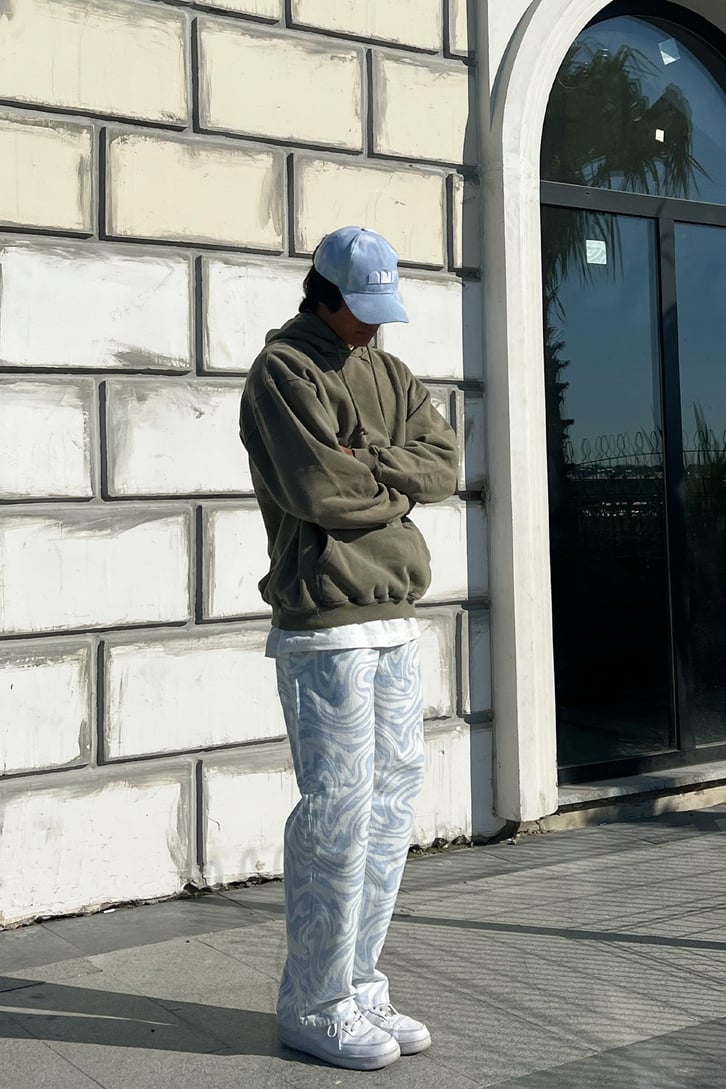 Dalga Desenli Mavi Baggy Jean