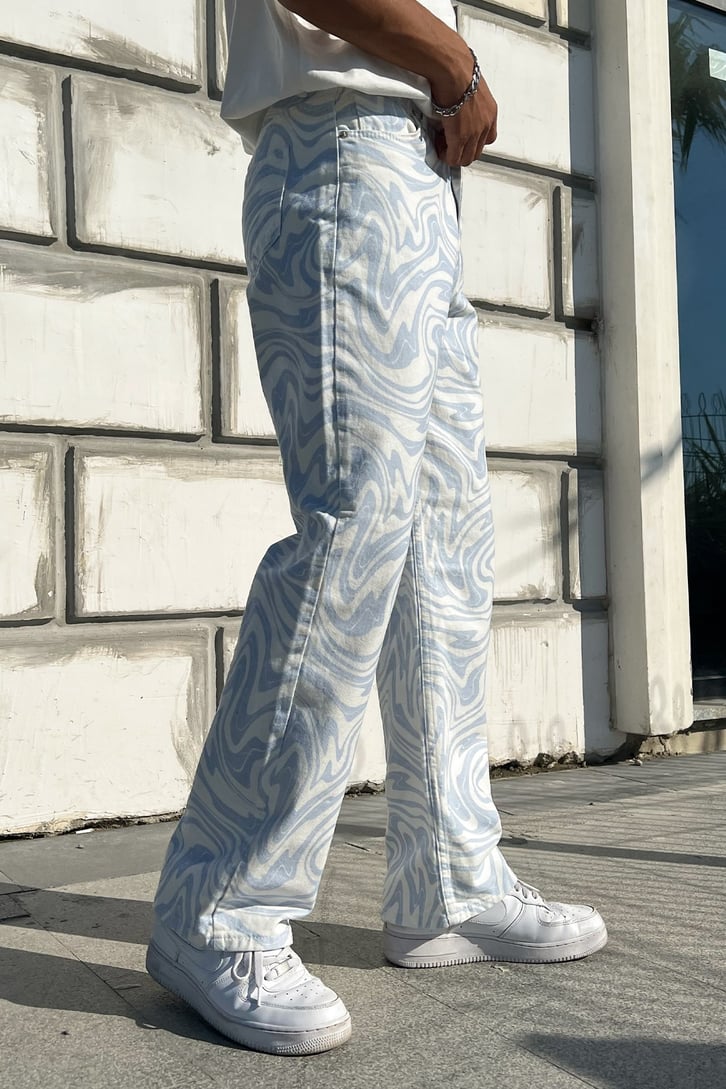 Dalga Desenli Mavi Baggy Jean