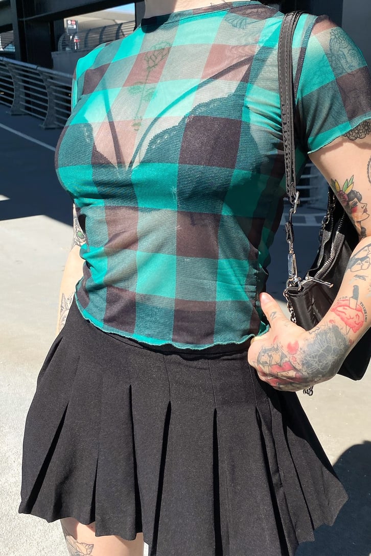 Dama Desen Yeşil Tül Crop