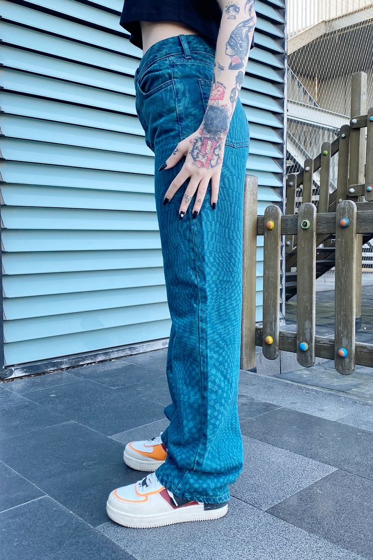Dama Desenli Koyu Yeşil Baggy Jean