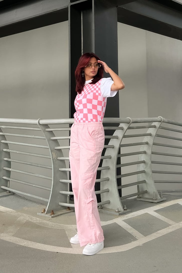 Dama Desenli Pembe Süveter