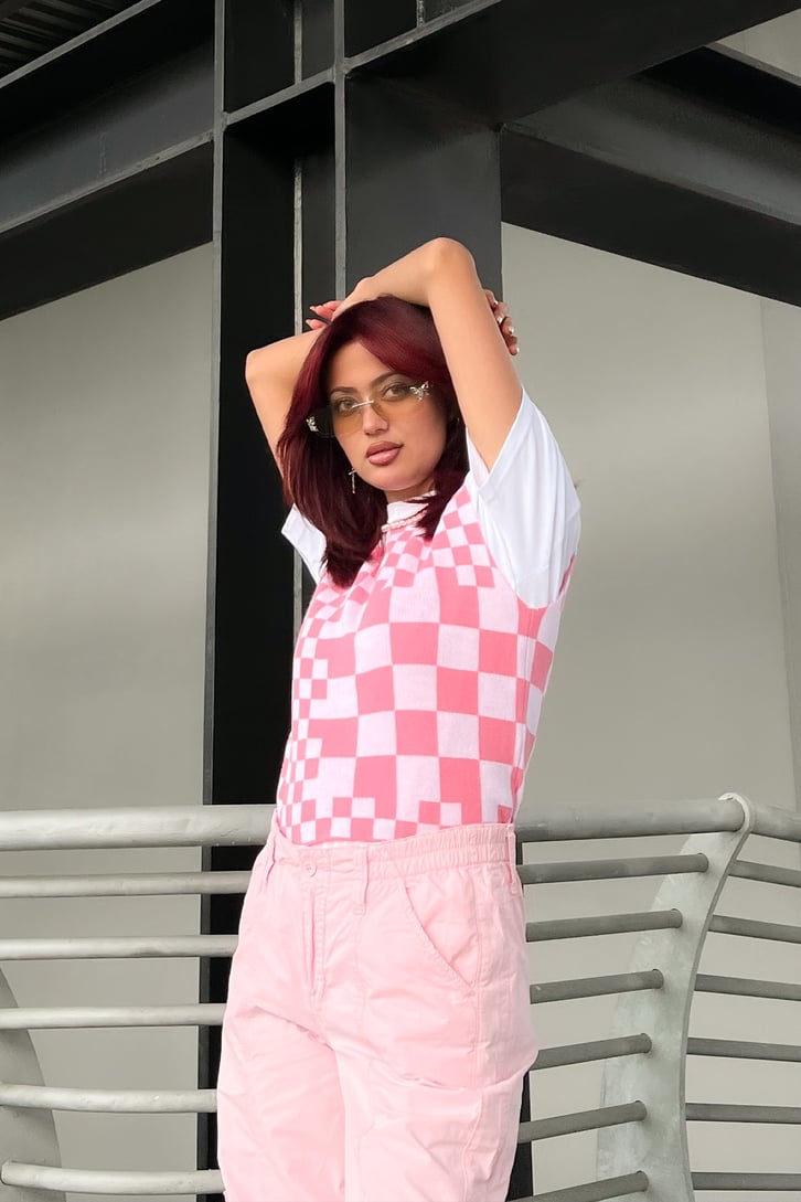 Dama Desenli Pembe Süveter