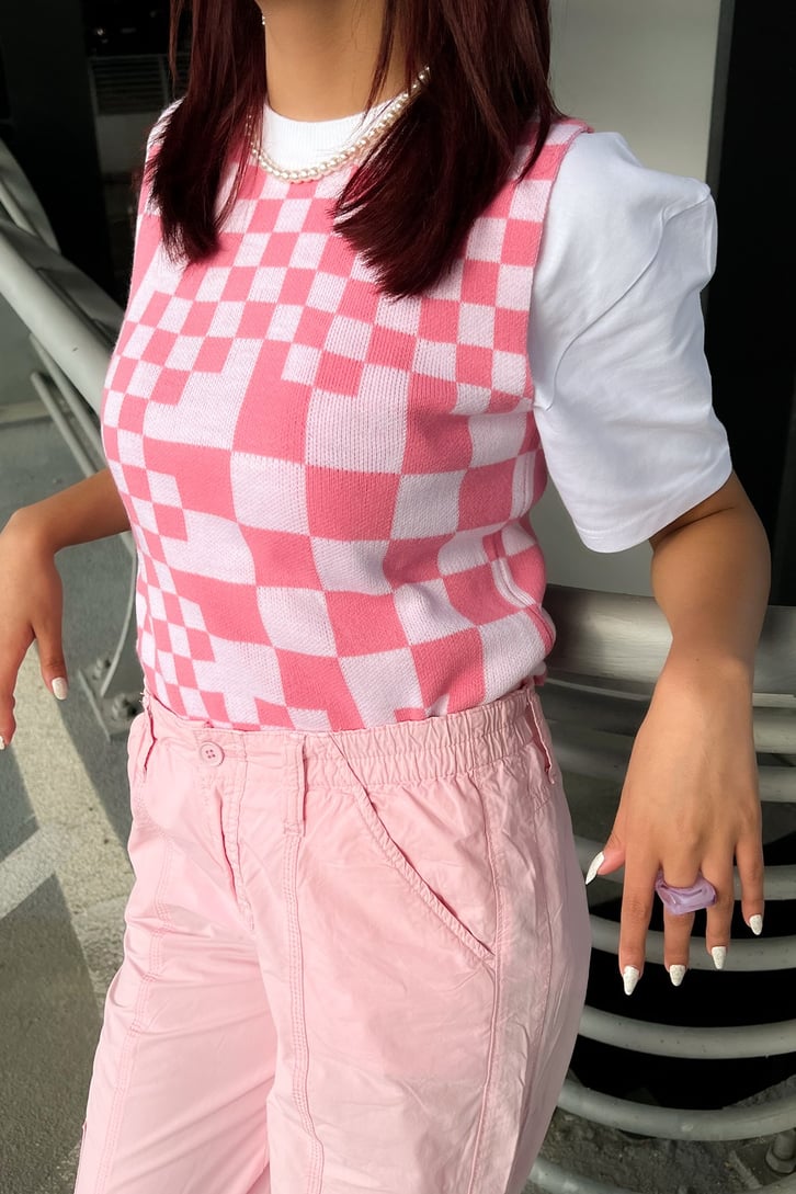 Dama Desenli Pembe Süveter