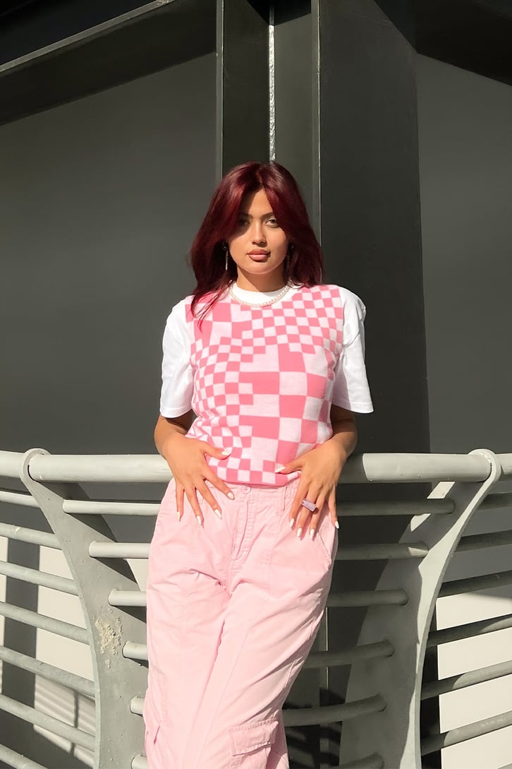 Dama Desenli Pembe Süveter