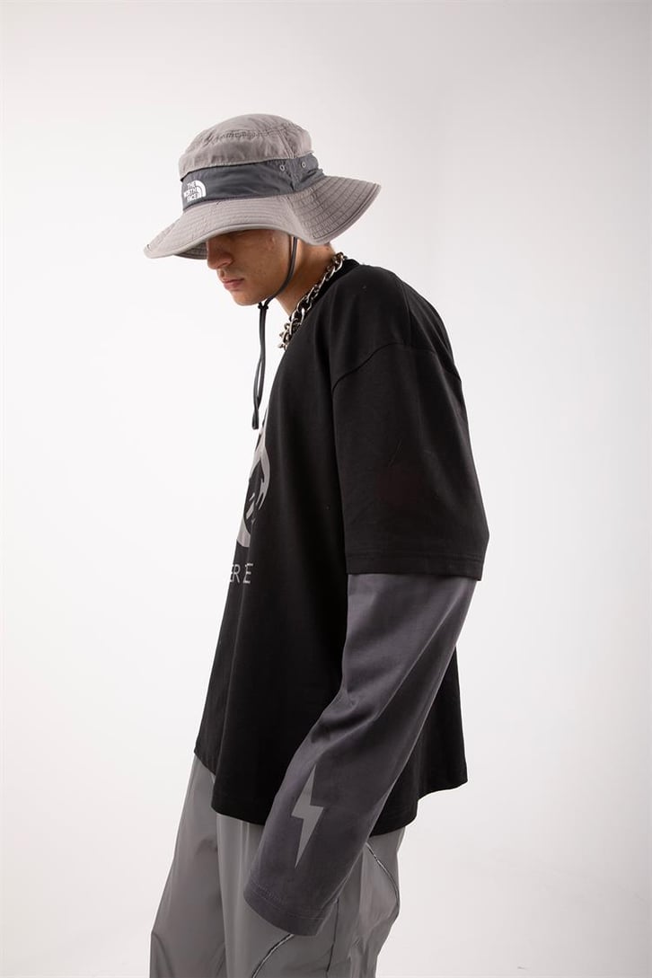 Danger Zone Baskılı Siyah Oversize Long Sleeve Tişört