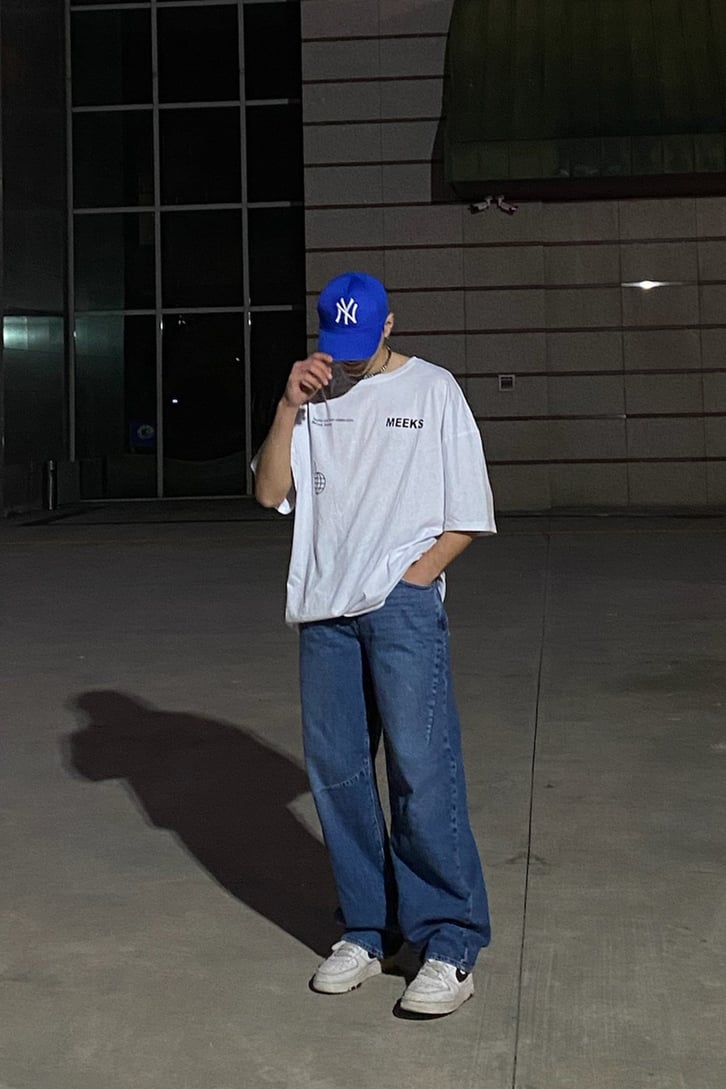 Dark Blue Dikiş Detay Baggy Jean