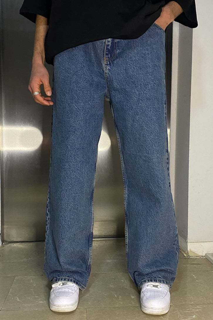 Dark Blue Taşlamalı Extra Baggy Jean