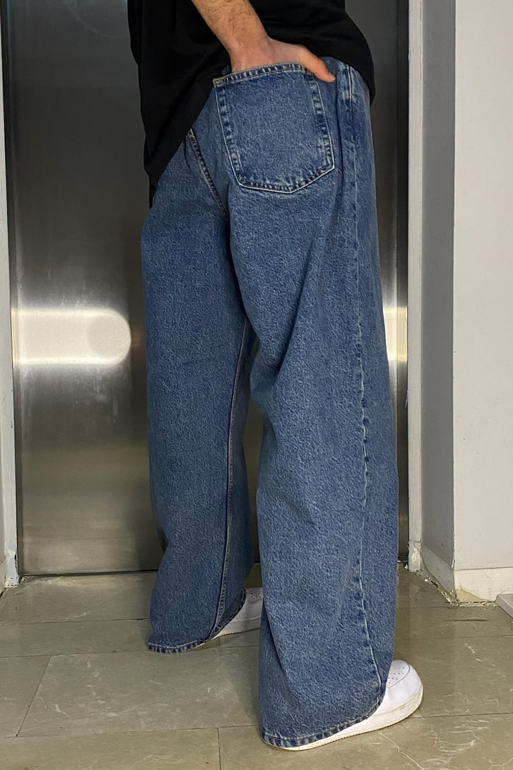 Dark Blue Taşlamalı Extra Baggy Jean