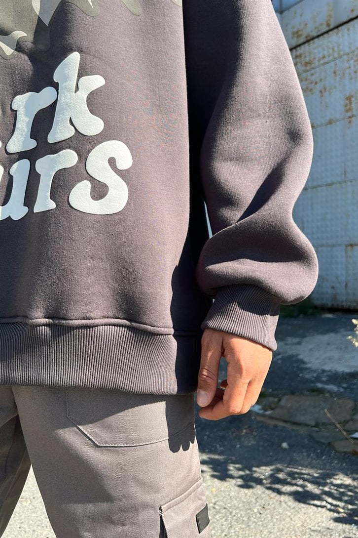 Dark Hours Baskılı Füme İçi Pamuklu Oversize Hoodie