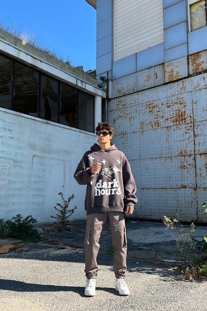 Dark Hours Baskılı Füme İçi Pamuklu Oversize Hoodie