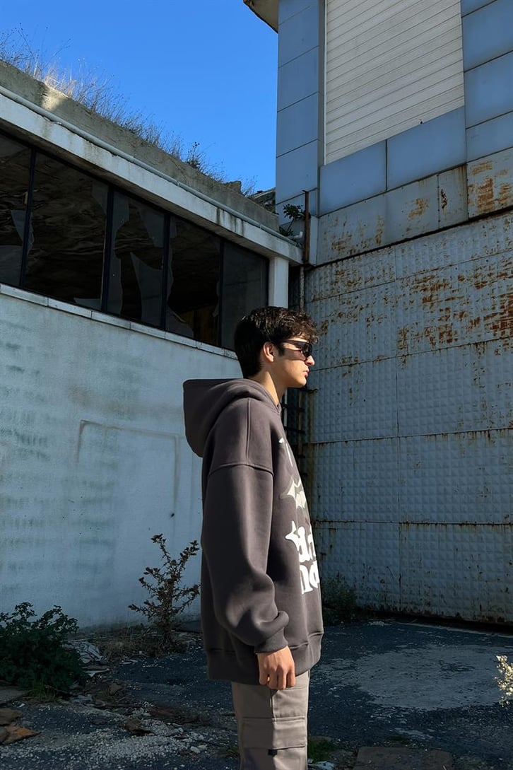Dark Hours Baskılı Füme İçi Pamuklu Oversize Hoodie