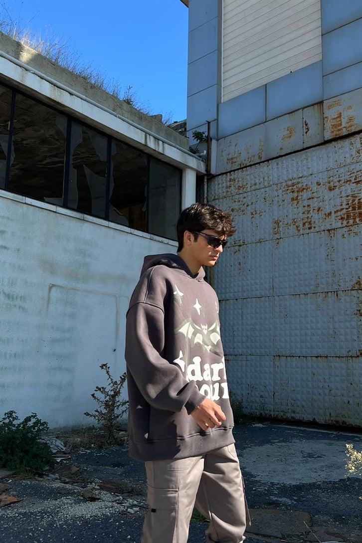 Dark Hours Baskılı Füme İçi Pamuklu Oversize Hoodie