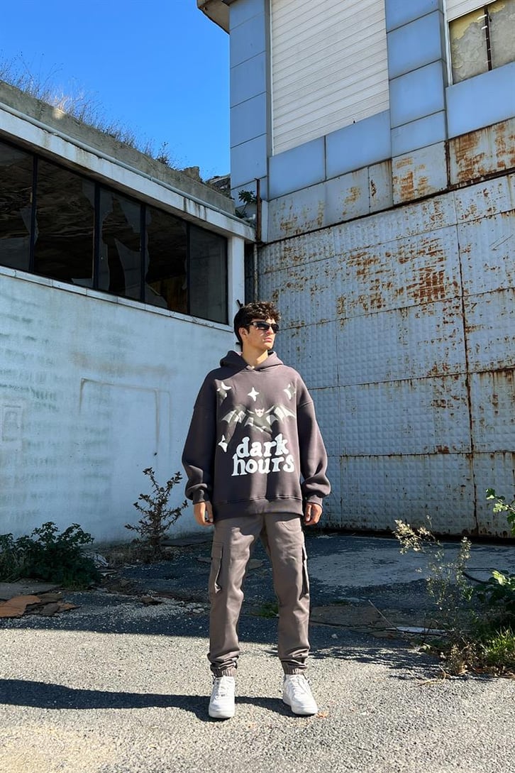 Dark Hours Baskılı Füme İçi Pamuklu Oversize Hoodie