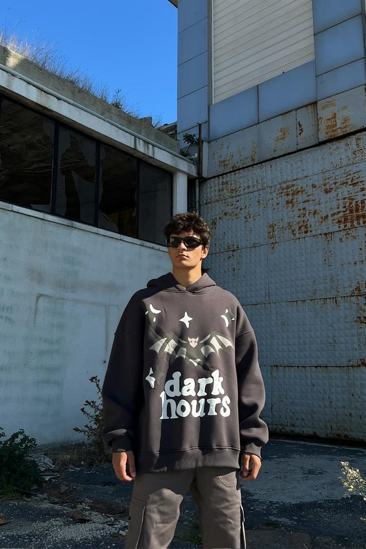 Dark Hours Baskılı Füme İçi Pamuklu Oversize Hoodie