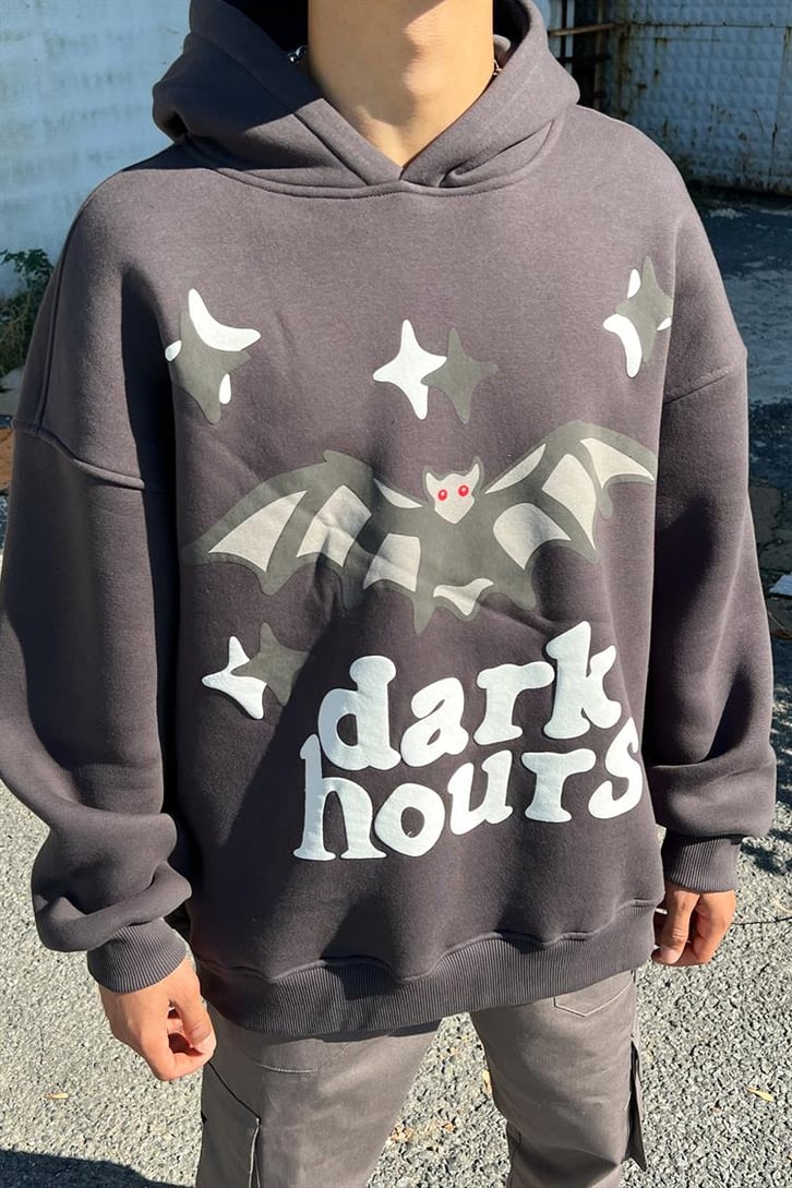 Dark Hours Baskılı Füme İçi Pamuklu Oversize Hoodie