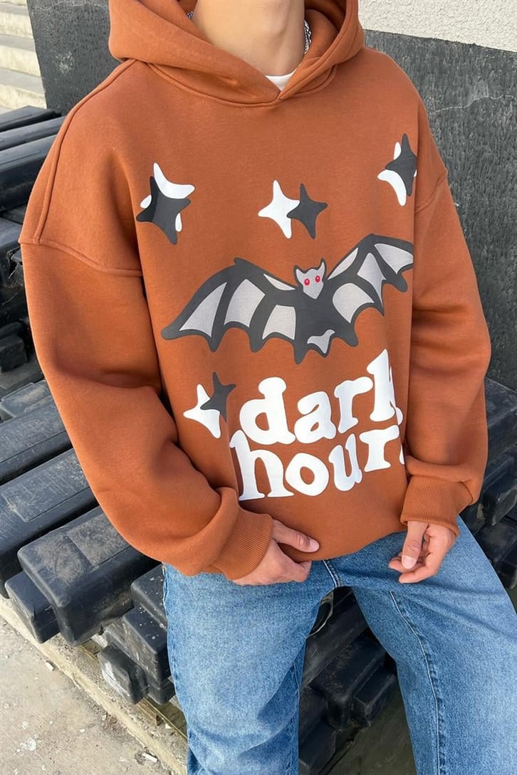 Dark Hours Baskılı Oversize Hoodie