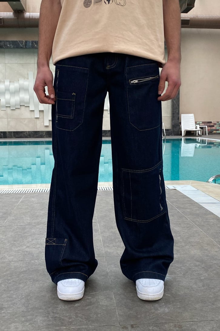 Dark Navy Blue Fermuar Detay Losse Fit Pant