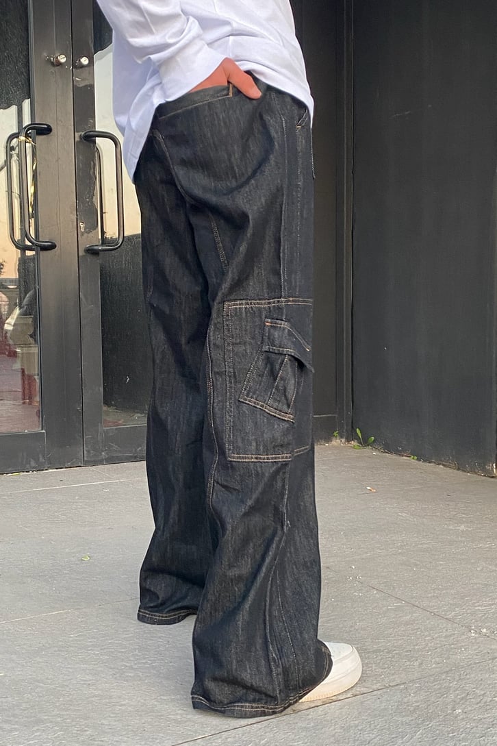 Dark Navy Blue Taşlamalı Baggy Fit Jean