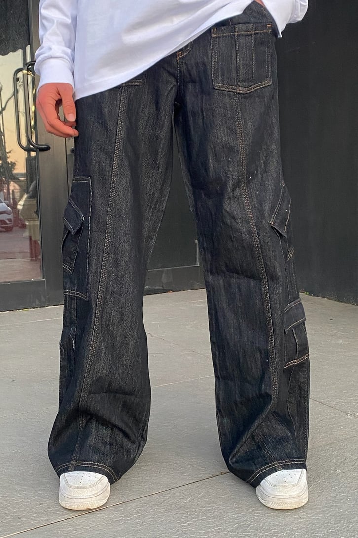 Dark Navy Blue Taşlamalı Baggy Fit Jean