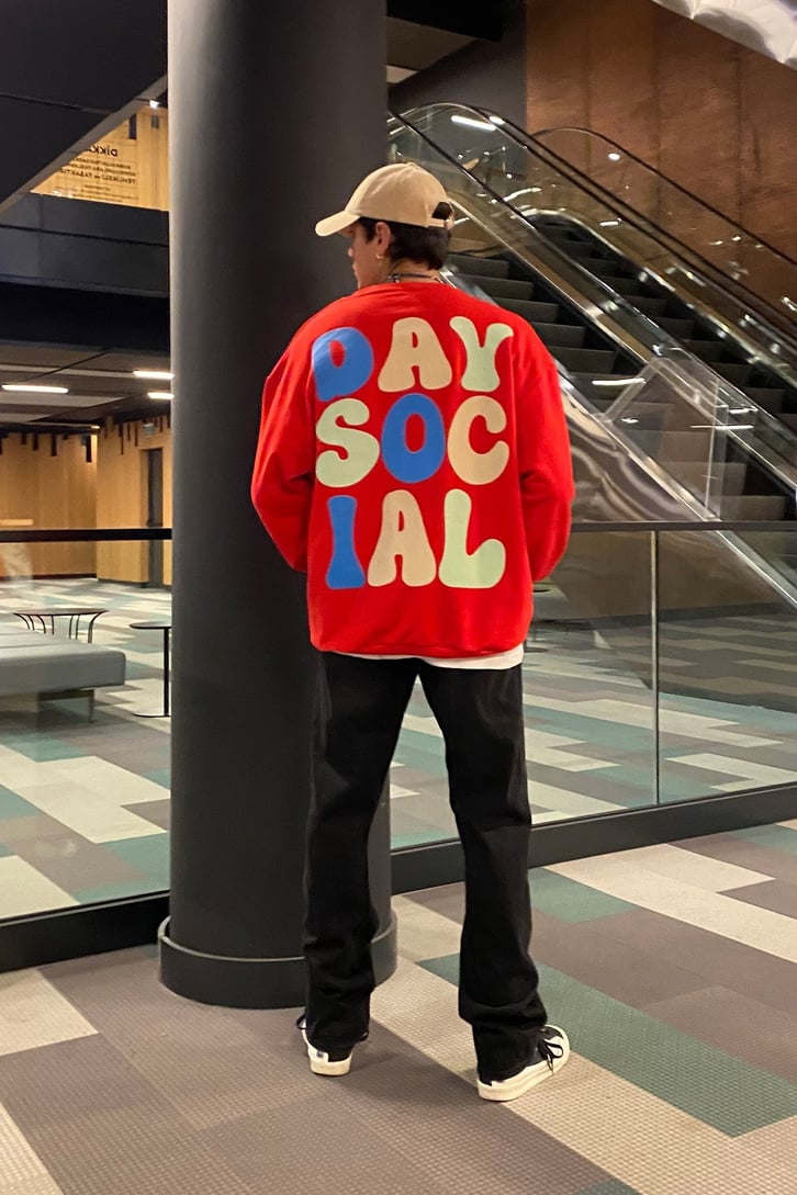 Day Social Oversize Printed Kırmızı Sweatshirt