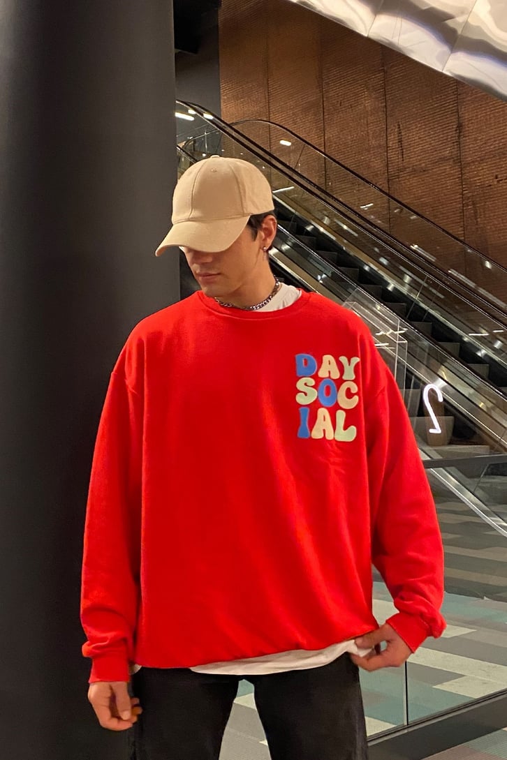 Day Social Oversize Printed Kırmızı Sweatshirt