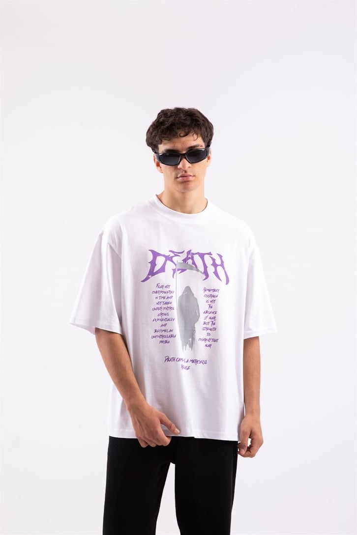 Death Baskılı Beyaz Oversize Tshirt