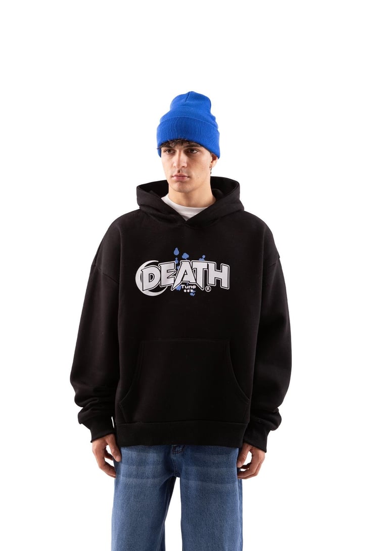 Death Baskılı Siyah Oversize Hoodie