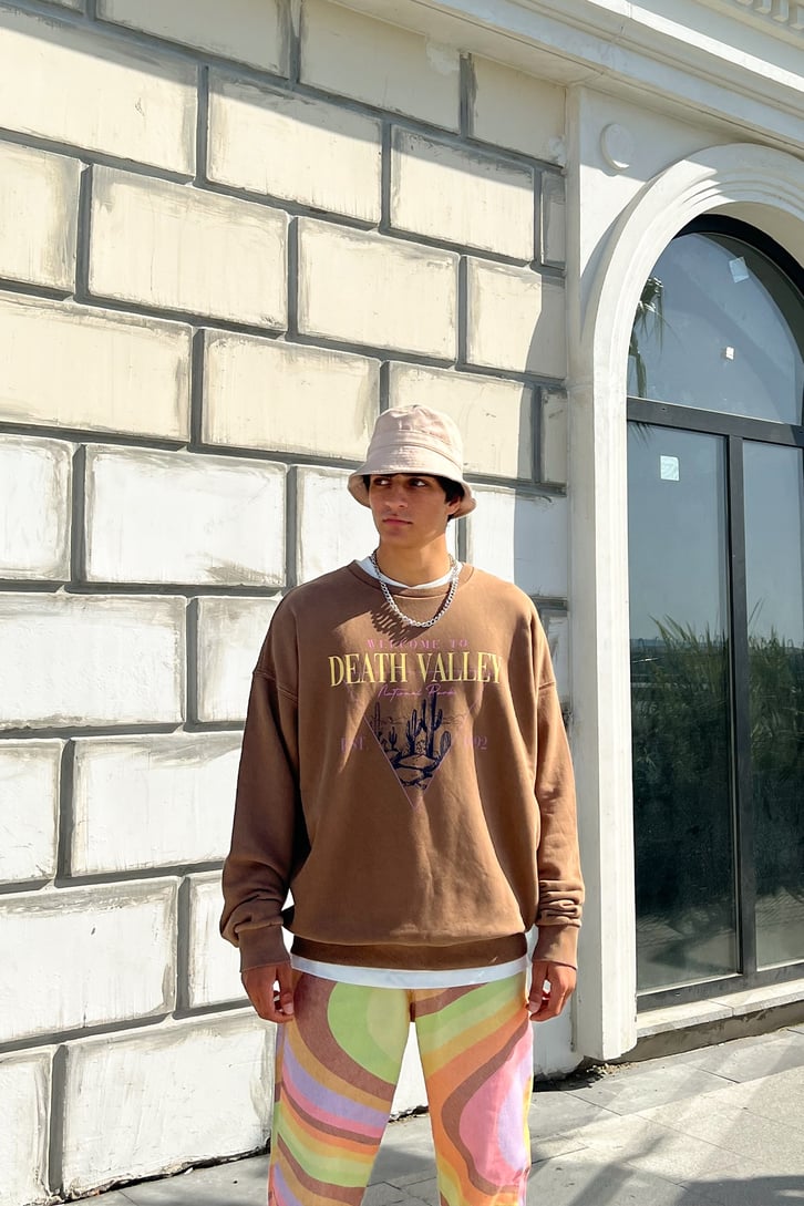 Death Valley Baskılı Kahverengi Oversize Sweatshirt