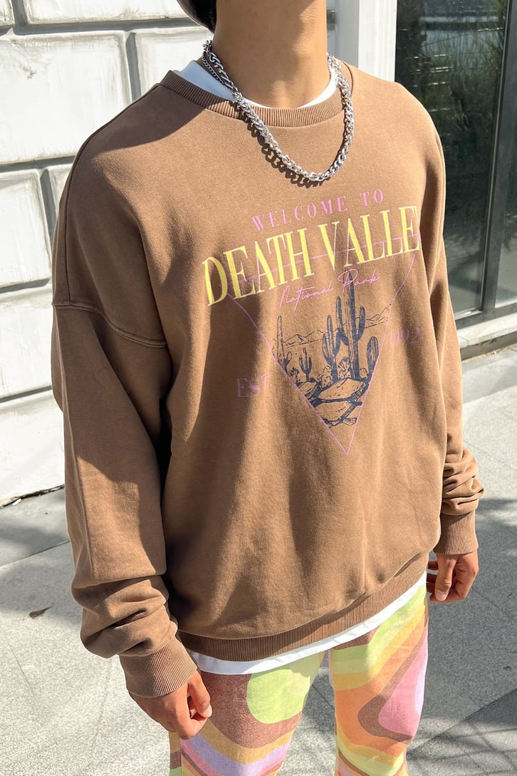 Death Valley Baskılı Kahverengi Oversize Sweatshirt