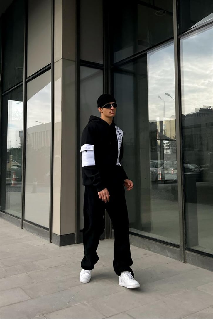 Defend Kol Cep Detay Siyah İçi Pamuklu Hoodie