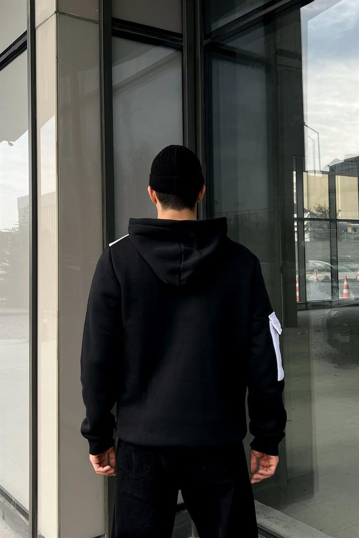 Defend Kol Cep Detay Siyah İçi Pamuklu Hoodie