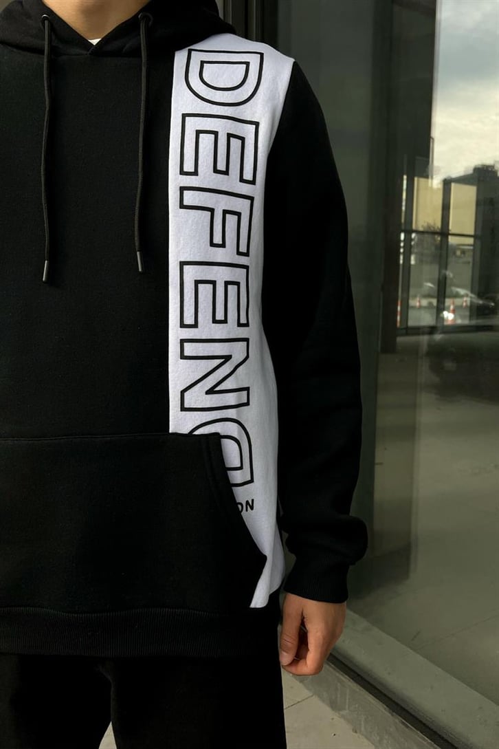 Defend Kol Cep Detay Siyah İçi Pamuklu Hoodie