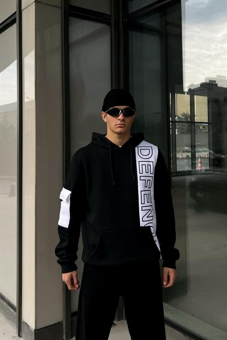 Defend Kol Cep Detay Siyah İçi Pamuklu Hoodie