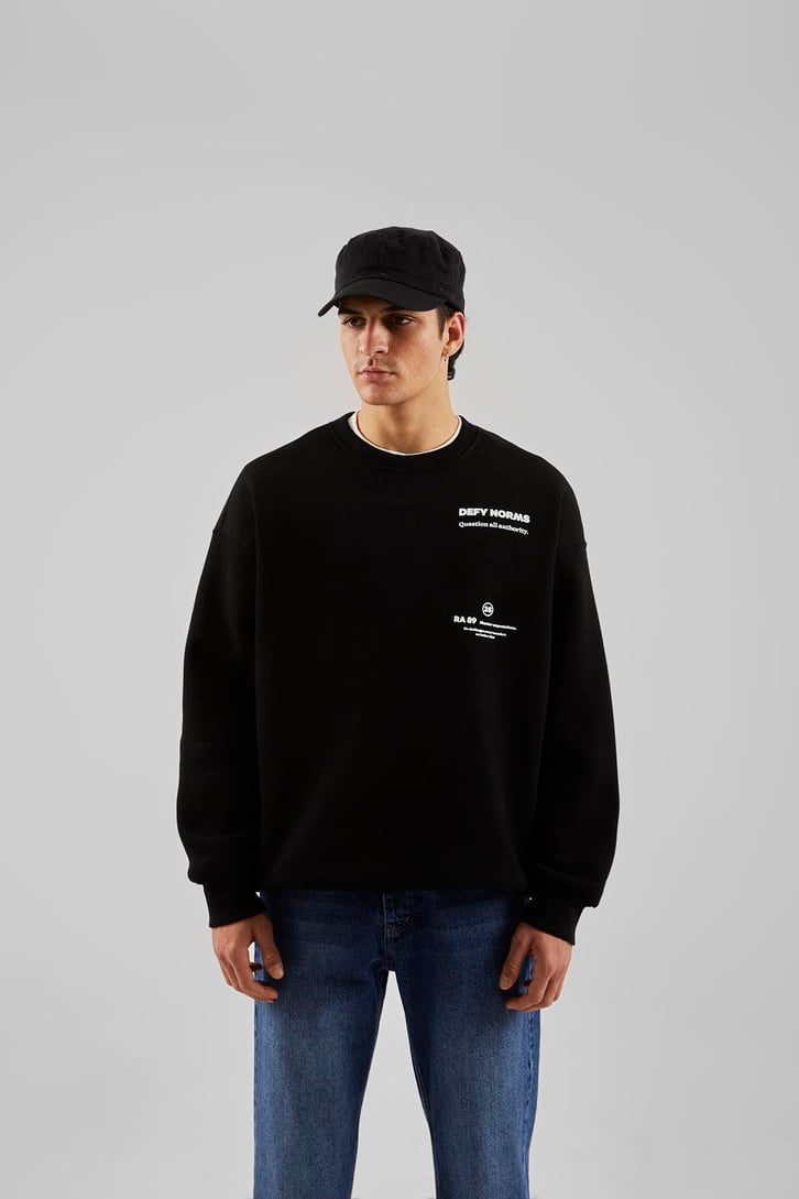 Defy Norms Baskılı Siyah Oversize Sweatshirt
