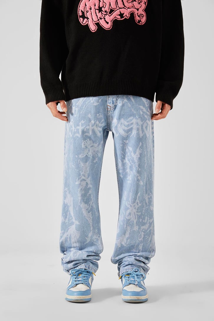 Desen Baskılı Mavi Baggy Jean