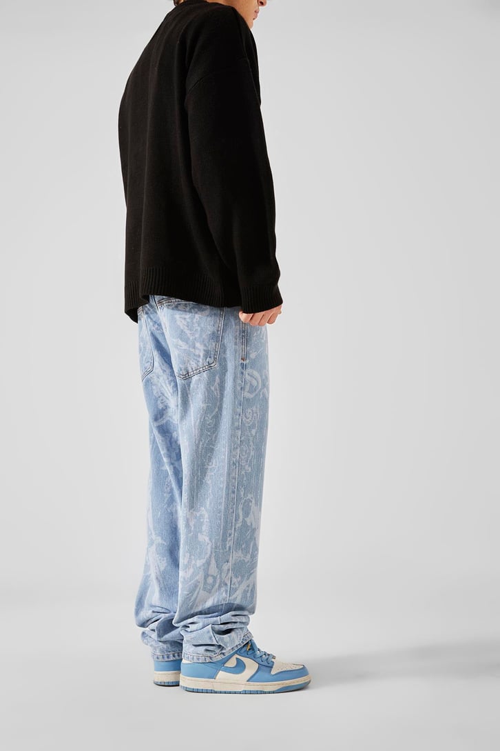 Desen Baskılı Mavi Baggy Jean