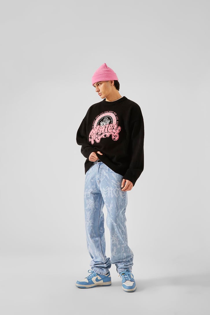 Desen Baskılı Mavi Baggy Jean